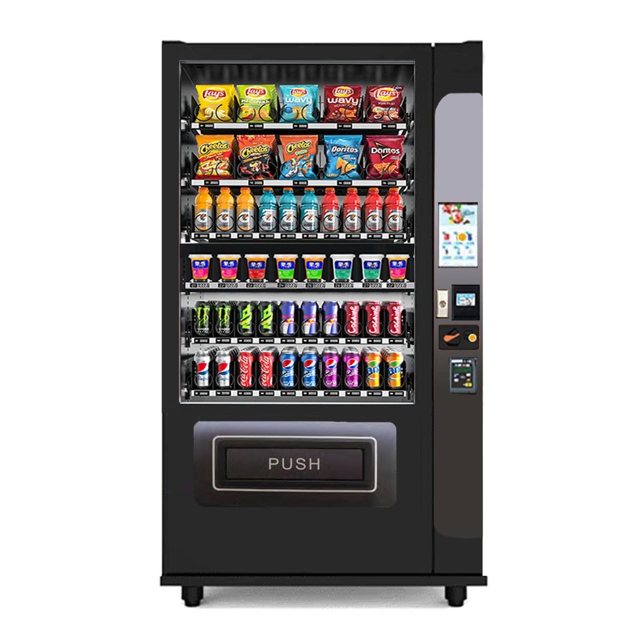 Traditional vending machine stocked with snacks and drinks